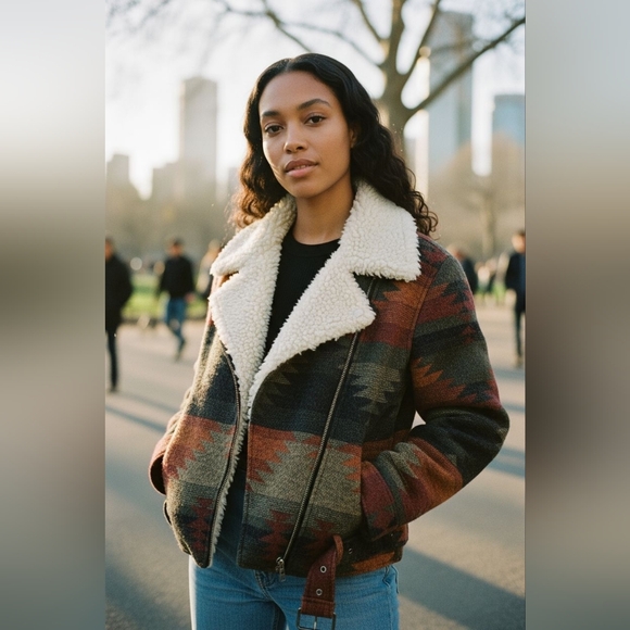 β¨οΈUNICORN! RARE! HTF! Free People Western Moto Sherpa Crop Zip Aztec Jacket - Picture 13 of 15